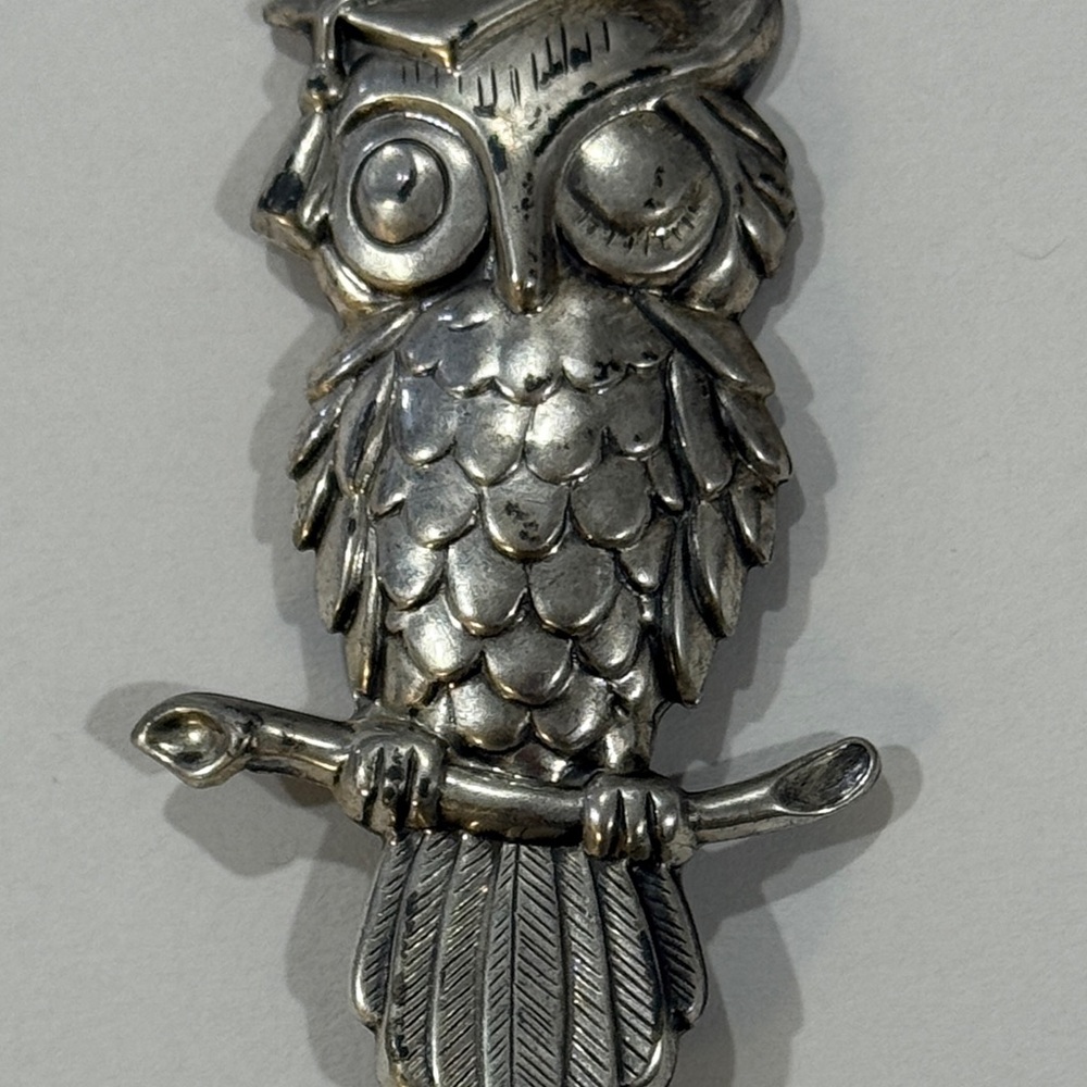 Vintage Beau Sterling Silver Wise Owl 60s-70s Graduation Brooch Pin 2.25”